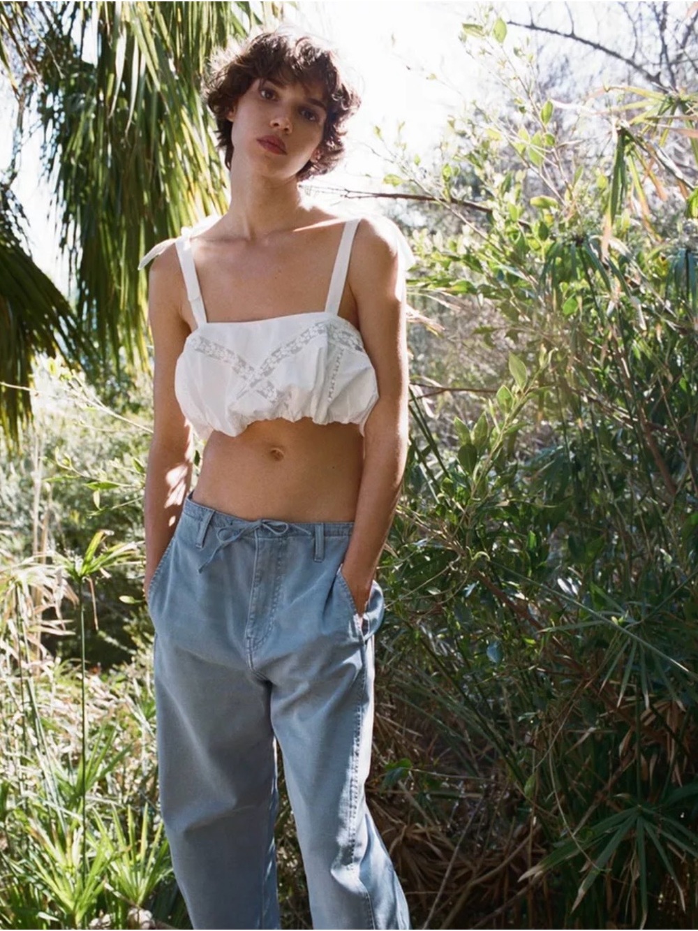 Zara Balloon Poplin White Cotton Shoulder Toe Lace Trim Crop Top Feminine